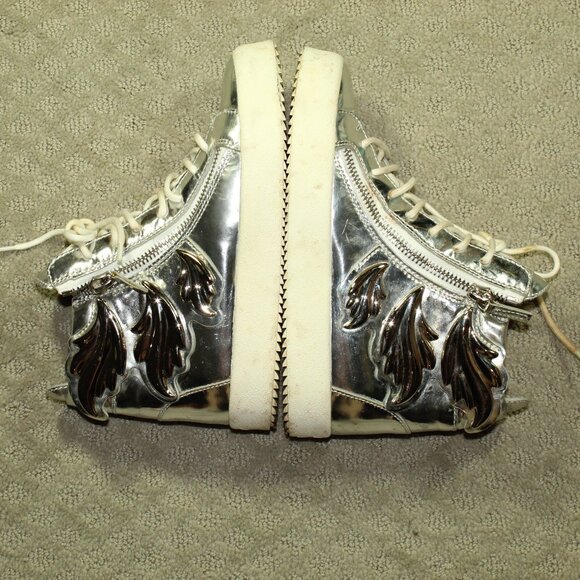 Size 7 / 37 - Giuseppe Zanotti Silver Patent Double Zip High Top Winged Sneakers - Picture 3 of 7